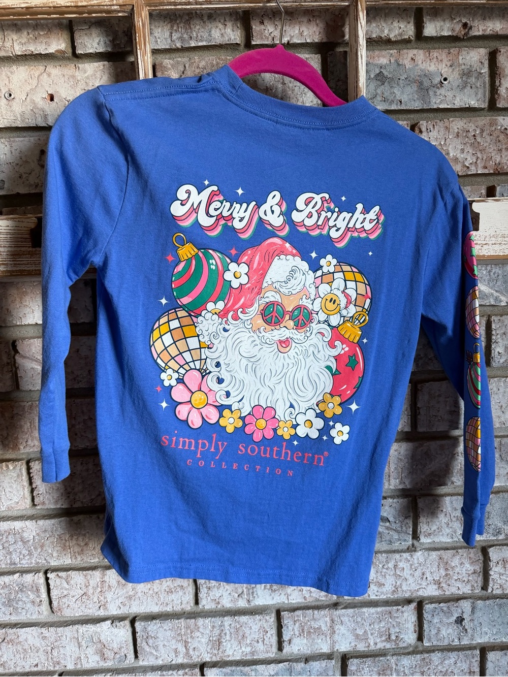 Youth Small Simply Southern Blue "Merry & Bright" Kids Long Sleeve Holiday Tee